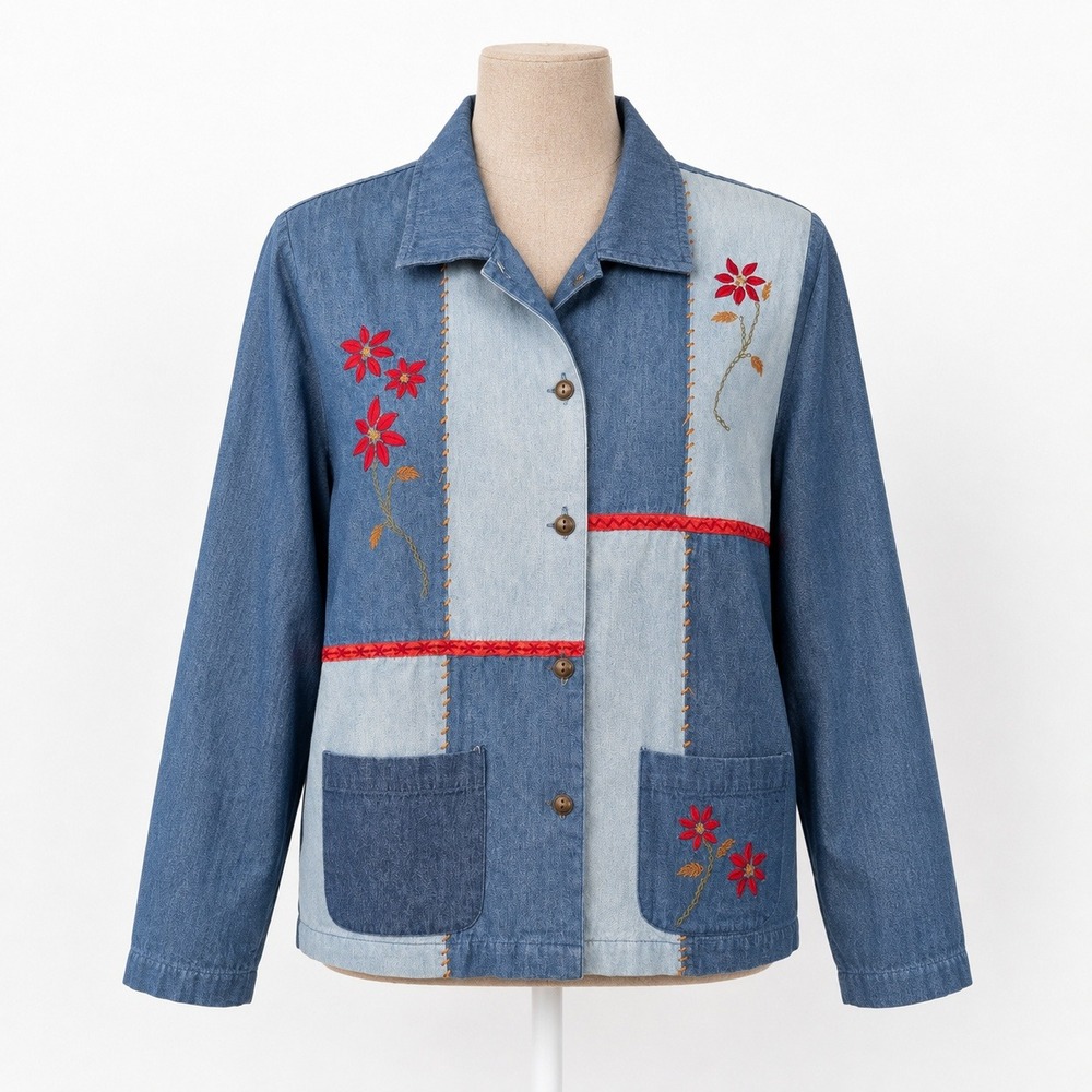Vintage 90s Floral Embroidered Patchwork Button Shirt M Denim Grunge Cottagecore